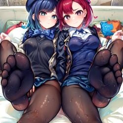 2girls 5_toes ai_generated arima_kana blue_eyes blue_hair blush clothed feet female female_focus female_only foopanthia foot_fetish foot_focus kurokawa_akane legs legwear looking_at_viewer oshi_no_ko pantyhose red_eyes red_hair school_uniform short_hair smile sole_female soles solo solo_female solo_focus standing sweat sweatdrop sweating teasing thick_thighs thighs toes