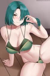 1girls aslindsamure bikini braid breasts cleavage female female_only fire_emblem fire_emblem_heroes green_hair large_breasts nintendo smile solo swimsuit thorr_(fire_emblem) yellow_eyes