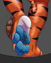 4_toes anthro ball basketball_(ball) duo feet foot_fetish foot_focus foot_play frosted_flakes hi_res hos0404 kellogg's low-angle_view male male/male mascot micro pawpads paws size_difference soles stuck_to_foot toes tony_the_tiger trampling underfoot