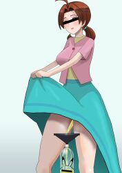 1girls bottle censor_bar delia_ketchum_(pokemon) female funnel human long_skirt peeing pokemon skirt skirt_lift solo_female standing standing_pee