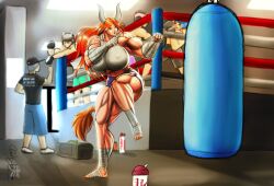 abs bandages biceps big_breasts big_muscles breasts cylnx female hair horns huge_breasts large_breasts large_muscles long_hair muscles muscular muscular_arms muscular_female muscular_legs muscular_thighs orange_hair punching_bag tail