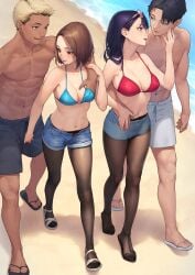 2023 2boys 2girls absurd_res aikawa_ren arm_around_shoulders arm_around_waist beach beeeeen bikini bikini_top black_eyes black_hair blonde_hair blue_bikini blue_eyes blue_hair breast_grab breasts brown_eyes brown_hair bulge bulge_grab cleavage dark-skinned_male dark_skin feet female grabbing_from_behind gyaru-oh hand_under_clothes high_heels highres large_breasts light-skinned_female light-skinned_male light_skin long_hair looking_at_another looking_at_penis male matching_hair/eyes medium_breasts miru_tights mole mole_on_breast mole_on_neck multiple_boys multiple_girls nakabeni_yua navel ocean open_mouth outdoors pantyhose red_bikini sand sandals short_hair short_shorts shorts smile standing sunglasses sunglasses_on_head swim_trunks swimsuit swimwear teeth walking water