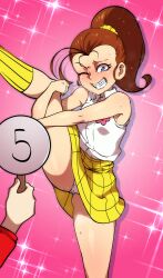 1girls aged_up brown_hair flexible luan_loud oblivious skirt splits stockings the_loud_house