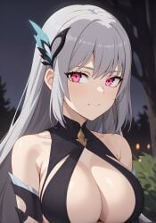 :3 ai_generated ass big_ass big_breasts breast_grab breasts embarrassed female female_only genshin_impact large_breasts looking_at_viewer pink_eyes simple_background skirk_(genshin_impact) subaruarm white_hair white_skin