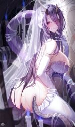 1girls absurdres ass azur_lane bare_shoulders between_buttocks blush breasts closed_mouth elbow_gloves female from_behind gloves golden_hind_(azur_lane) golden_hind_(forlorn_femme_fatale)_(azur_lane) hair_between_ass hair_between_eyes heart heart-shaped_pupils highres huge_breasts large_breasts licking_lips light-skinned_female light_skin long_hair looking_at_viewer looking_back official_alternate_costume purple_hair red_eyes solo symbol-shaped_pupils tansuan_(ensj3875) tempesta_(azur_lane) thong tongue tongue_out wet wet_clothes