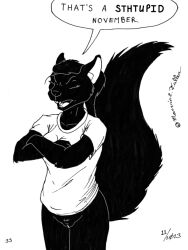 2023 anthro black_and_white black_body black_fur black_hair bottomless buckteeth cassandra_(cybercorn_entropic) closed_eyes clothed clothing crossed_arms cybercorn_entropic dialogue female fur genitals grey_squirrel hair inktober lisp mammal meme monochrome no_nut_november open_mouth pussy rodent sciurid shirt solo t-shirt teeth topwear tree_squirrel