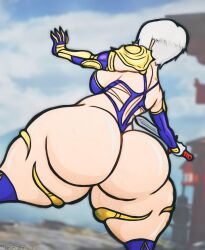 1girls 2023 bandai_namco big_ass big_butt biggy_deez bikini_armor caucasian caucasian_female deezysempai holding_object holding_weapon huge_ass huge_butt isabella_valentine outdoors outside soul_calibur viewed_from_behind weapon white_hair wide_hips wide_thighs