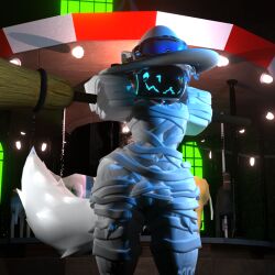 3d balls eyewear fluffy fluffy_tail fur genitals goggles goggles_on_headwear halloween halloween_costume holidays machine male mostly_nude mummy_costume mummy_wrappings nearlyepoint paws protogen protogen_visor roblox robloxian solo tail wrappings