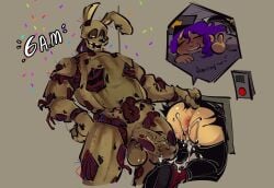 1boy1girl anthro ass_up back_view bileshroom bodily_fluids closed_eyes cum cum_drip cum_in_pussy doggy_style ejaculation erection fanart female_human five_nights_at_freddy's five_nights_at_freddy's_3 fnaf from_behind haru_(masochistfox) huge_ass huge_cock human human_penetrated looking_pleasured male/female oc_x_canon ocxcanon penis pussy_juice rabbit rough_sex sex springtrap springtrap_(fnaf) straight_sex stuck stuck_in_wall william_afton