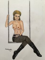 breasts breasts_out crossed_legs doctor_who earrings exposed_breasts female female female_focus female_only half_naked jessica_martin leggings looking_at_viewer mags_(doctor_who) nipples nudity pencil_(artwork) shorts sitting swing swing_set swinging tights topless topless_female wayne_miller