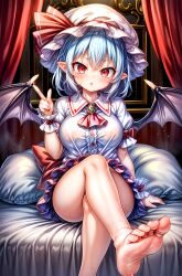 1girls 5_toes ai_generated alternate_breast_size barefoot big_breasts blue_hair blush clothed crossed_legs feet female female_focus female_only foopanthia foot_fetish foot_focus from_below legs long_hair looking_at_viewer looking_down red_eyes remilia_scarlet sitting smile sole_female soles solo solo_female solo_focus teasing thick_thighs thighs toes touhou wings