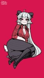 ass baphomet_(grizz) boots colored demon_girl goat_eyes goat_horns grizz056 helltaker horns long_hair red_background smirking_at_viewer striped_pants white_hair