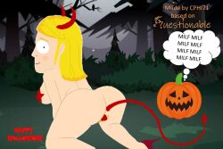 accurate_art_style ass blonde_hair cphi71 devil_costume devil_horns edit fake_tail female halloween large_breasts laura_tucker milf object_in_ass pasties pumpkin questionable_(artist) south_park succubus succubus_horns succubus_tail tail_dildo