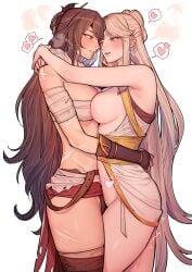 2girls bandages beidou_(genshin_impact) blush breast_press breasts brown_gloves brown_hair dress facial_scar fingerless_gloves genshin_impact gloves grey_hair hair_ornament hair_stick heart highres hug ikarin large_breasts long_hair multiple_girls ningguang_(genshin_impact) nipples parted_lips pussy_juice red_eyes scar scar_on_arm scar_on_cheek scar_on_face scar_on_leg simple_background spoken_heart symmetrical_docking tassel tassel_hair_ornament thighhighs torn_clothes very_long_hair white_background white_dress yuri