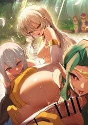 5girls absurdres bar_censor blonde_hair breasts censored commission completely_nude duel_monster female green_hair grey_eyes harem harpie_dancer harpie_lady harpie_lady_1 harpie_lady_2 harpie_oracle harpie_queen harpy highres large_breasts long_hair monster_girl multiple_girls nude penis pixiv_commission pointy_ears ponytail precum red_eyes red_hair ro_g_(oowack) tongue tongue_out white_hair winged_arms wings yellow_eyes yu-gi-oh!