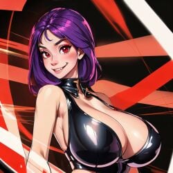 goofy_face huge_breasts purple_hair red_eyes short_hair tight_clothing