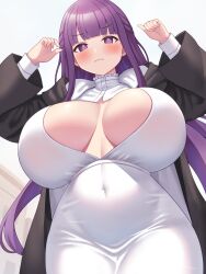 blush chubby_belly embarrassed fern_(sousou_no_frieren) huge_breasts large_areolae large_nipples looking_away open_shirt puffy_nipples sousou_no_frieren sweaty tagu_hblabe thick_thighs thighs wide_hips