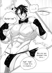 1boy 2boys abs biceps black_hair embarrassed english_text erection gay genshin_impact haimanga male male_only monochrome muscular muscular_male neuvillette_(genshin_impact) pecs topless topless_male underwear wriothesley_(genshin_impact)