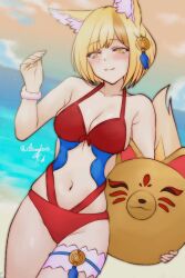 1girls alternate_costume animal_ears beach bikini breasts cleavage female female_only fire_emblem fire_emblem_fates fox_ears fox_girl higher_resolution_available kitsune medium_breasts nintendo ocean outdoors red_bikini red_swimsuit rotomdocs selkie_(fire_emblem) solo swimsuit yellow_eyes yellow_hair