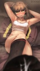 armpits artist_logo artist_name bed_sheet black_hair black_socks blush breasts bright_pupils camisole collarbone cum cum_on_clothes ergot feet_on_face female foot_fetish foot_focus fubuki_(kantai_collection) green_eyes kantai_collection long_hair looking_at_viewer open_mouth pillow small_breasts smile socks solo white_camisole white_pupils