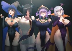 4girls big_breasts big_thighs black_hair cipher4109 costume elira_pendora ghost_costume halloween halloween_costume hololive hololive_english hololive_english_-advent- hololive_english_-council- hololive_english_-promise- horn horns jiangshi_costume multiple_girls nerissa_ravencroft nijisanji nijisanji_en ouro_kronii purple_hair selen_tatsuki side_slit succubus succubus_wings vampire_costume vampire_girl virtual_youtuber white_hair witch witch_costume witch_hat