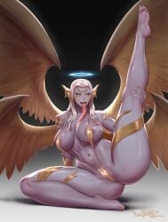 barefoot big_ass big_breasts bikini breasts feet final_fantasy final_fantasy_xiv glowing_eyes golden_eyes halo large_breasts leg_lift long_tongue open_mouth original_character pinkdrawz saliva satsuki_chiba silver_hair silver_skin sin_eater thick_thighs tongue tongue_around_breast tongue_out v_string_bikini veiny_breasts wings