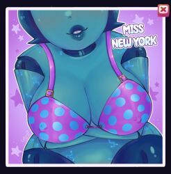 blue_body blue_hair blue_lipstick blue_skin bra holding_breast implied_bottomless large_breasts miss_new_york(there_is_no_game_wrong_dimension) nipples_visible_through_clothing no_panties robot robot_girl robot_humanoid short_hair theporceline there_is_no_game_wrong_dimension