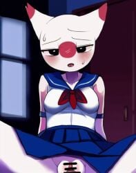 1girls ai_generated bald bedroom black_eyes cleavage countryhumans countryhumans_girl cum_in_pussy first_person_view from_front_position japan_(countryhumans) looking_at_viewer male/female missionary_position n980a night ribbon sailor_uniform school_uniform sex skirt skirt_lift solo_focus sweat vaginal_penetration white_body