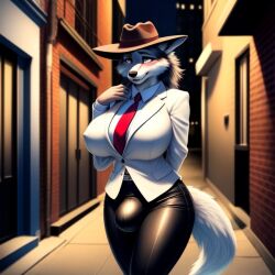 ai_generated alley alleyway anthro aroused aroused_smile belt big_bulge black_fur black_legwear black_pants blush blush brown_hat bulge canid canine fedora hat husky looking_at_another night nippblack_nose nipple_bulge nipple_outline nipples_visible_through_clothing red_tie shirt silver_eyes solo solo_anthro solo_focus solo_futa suit suit_and_tie suit_jacket suit_pants tagme tie touching_self white_fur white_shirt white_suit white_tail