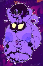 anthro arbok big_breasts blush breasts eyewear female flower generation_1_pokemon genitals glasses goth hair heart hi_res huge_breasts lewdchuu_(artist) mature_female nintendo plant pokemon pokemon_(species) purple_body purple_eyes purple_hair pussy solo tail tattoo