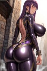 1girls ai_generated ai_love_higokko ass bodysuit breasts dat_ass female hi_res holaraai large_ass large_breasts light-skinned_female light_skin long_hair oc original original_character purple_hair red_eyes solo thick_thighs