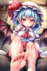 1girls 5_toes ai_generated alternate_breast_size barefoot big_breasts blue_hair blush clothed feet female female_focus female_only foopanthia foot_fetish foot_focus from_below legs long_hair looking_at_viewer looking_down red_eyes remilia_scarlet sitting smile sole_female soles solo solo_female solo_focus teasing thick_thighs thighs toes touhou wings