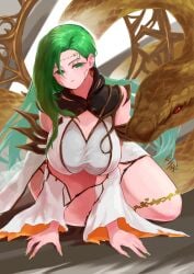 1girls all_fours alternate_costume annand_(fire_emblem) bare_thighs breasts cleavage cosplay facial_mark facial_tattoo female female_only fire_emblem fire_emblem:_genealogy_of_the_holy_war green_eyes green_hair gullveig_(fire_emblem)_(cosplay) kneeling large_breasts long_nails nail_polish nintendo revealing_clothes snake solo ta_dasu_(tadasu_hayashi) tattoo thick_thighs thighs very_long_hair yellow_nails