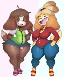 animal_crossing anthro ass big_ass big_breasts breasts brother_and_sister bulge clothing_swap crossdressing digby_(animal_crossing) femboy furry isabelle_(animal_crossing) jontxu nintendo outfit_swap purple_yoshi_draws thick_thighs wide_hips