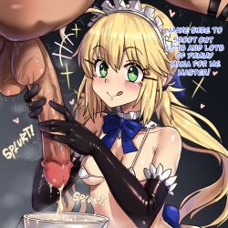 1boy 1girls artoria_pendragon artoria_pendragon_(caster) balls bikini blonde blonde_female blonde_hair blonde_hair_female breasts ebora english_text fate/grand_order fate_(series) female green_eyes handjob huge_cock light-skinned_female light_skin long_hair maid_bikini maid_gloves maid_headdress mais male micro_bikini penis perky_breasts small_breasts twintails uncensored unseen_male_face youngmanisdown