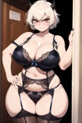 ai_generated annoyed daidouji_(artist) demon demon_girl door female gigantic_breasts helltaker horns lingerie malina_(helltaker) messy_hair outdoors red_eyes room short_hair solo_focus wedding_lingerie white_hair wide_hips