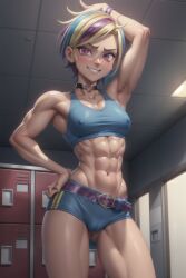 abs ai_generated armpits arms_up belt bookoflustfan equestria_girls feathered_wings female friendship_is_magic gym_uniform human locker_room midriff my_little_pony nipples_visible_through_clothing rainbow_dash_(mlp) rainbow_hair solo sports_bra sportswear sweat toned_female vagina