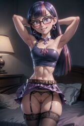 1girls ai_generated armpits arms_behind_head bookoflustfan equestria_girls female glasses human humanized midriff miniskirt my_little_pony pussy smile solo teenager twilight_sparkle_(mlp) visible_pussy