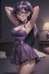 1girls ai_generated armpits arms_behind_head arms_up bedroom bookoflustfan dress equestria_girls female friendship_is_magic glasses human humanized humanoid my_little_pony smile solo twilight_sparkle_(mlp)