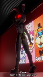 3d background bodypaint bunny_costume bunny_tail dialogue five_nights_at_freddy's five_nights_at_freddy's:_security_breach fursuit g0g0g0g0g0g glowing_eyes glowing_red_eyes looking_at_partner looking_at_viewer looking_back looking_down painted_butt pumpkin_butt red_eyes solo talking_to_viewer torn_clothes torn_clothing torn_fabric vanny_(fnaf) watermark