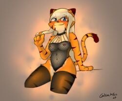 anthro blonde_hair blue_eyes breasts catsockjus clothing felid female fishnet_clothing fur hair leggings legwear lily_(catsockjus) long_hair mammal multicolored_body multicolored_fur orange_body orange_fur pantherine playing_with_hair smile smiling_at_viewer solo striped_body stripes tail tiger two_tone_body two_tone_fur