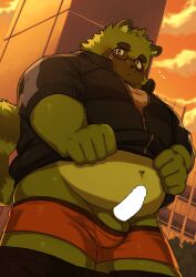 2023 anthro balls belly big_belly black_nose blush bottomwear bottomwear_down canid canine censored clothed clothing detailed_background erection eyewear genitals glasses green_body hi_res hisbam_hisbam kemono male mammal outside overweight overweight_male pants pants_down partially_clothed penis raccoon_dog solo tanuki underwear