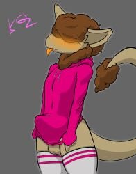 absurd_res anthro balls blush blush_lines brown_body brown_fur clothing fluffy fur genitals girly head_tuft hi_res hidden_erection hoodie kennedy_oz legwear male mammal simple_background solo tail tail_tuft tan_body tan_fur the_nature_of_predators thigh_highs tongue tongue_out topwear tuft venlil_(the_nature_of_predators) wool_(fur)