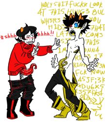 2boys clothing colored dialogue diphallia diphallism gay getting_undressed half-dressed homestuck horns kankri_vantas male mituna_captor multi_penis orange_horn penis red_penis suprised tagme tentacle_penis text unusual_penis yaoi yellow_penis