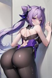 against_wall ai_generated alternate_costume ass ass_focus bare_shoulders blush breasts bubble_ass bubble_butt cameltoe cone_hair_bun embarrassed female from_behind genshin_impact hair_bun hair_ornament hairpin huge_ass keqing_(genshin_impact) leaning leaning_forward leotard long_hair looking_at_viewer looking_back pantyhose purple_eyes purple_hair pussy_visible_through_clothes pussy_visible_through_pantyhose quad_bun shiny shiny_clothes shiny_hair shiny_skin sideboob solo twintails very_long_hair wall