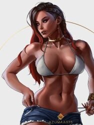 1girls apex_legends ass azuma_yasuo azumaarts big_ass booty_shorts braided_hair braided_twintails dark-skinned_female dark_skin loba loba_(apex_legends) medium_breasts pulling_thong realistic respawn_entertainment short_shorts shorts swimsuit tanline tanlines tattoo thick_thighs thong thong_above_shorts thong_straps