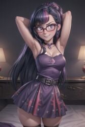 ai_generated anthro armpits arms_behind_head arms_up bedroom bookoflustfan dress equestria_girls friendship_is_magic glasses human humanoid my_little_pony twilight_sparkle_(mlp)