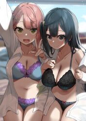 2girls black_bra black_panties blue_bra blue_panties blush bow bow_bra bow_panties bra breasts cleavage clothing female girls_only green_eyes large_breasts legs_together long_hair love_live! love_live!_nijigasaki_high_school_idol_club matching_underwear open_mouth open_shirt panties peace_sign sasanon_(sasapoliton) shirt smile taking_selfie uehara_ayumu underwear undressing white_shirt yuuki_setsuna_(love_live!)