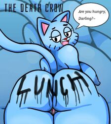 anthro ass big_butt black_eyes blue_body breasts cartoon_network domestic_cat english_text felid feline felis female genitals mammal nicole_watterson pussy solo tail text the_amazing_world_of_gumball thedeathcrow05 writing_on_butt