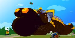 2023 :( aircraft anthro armor armored_behemoth_dreadbloon big_ass big_belly big_breasts big_female blimp bloons_td_6 bloons_tower_defense brown_body cannon female female_focus horn hyper hyper_ass hyper_belly hyper_breasts hyper_female jet living_aircraft missile monkey mrmadmoai_(artist) ninja_kiwi simple_background smoke tail thick_thighs yellow_nipples